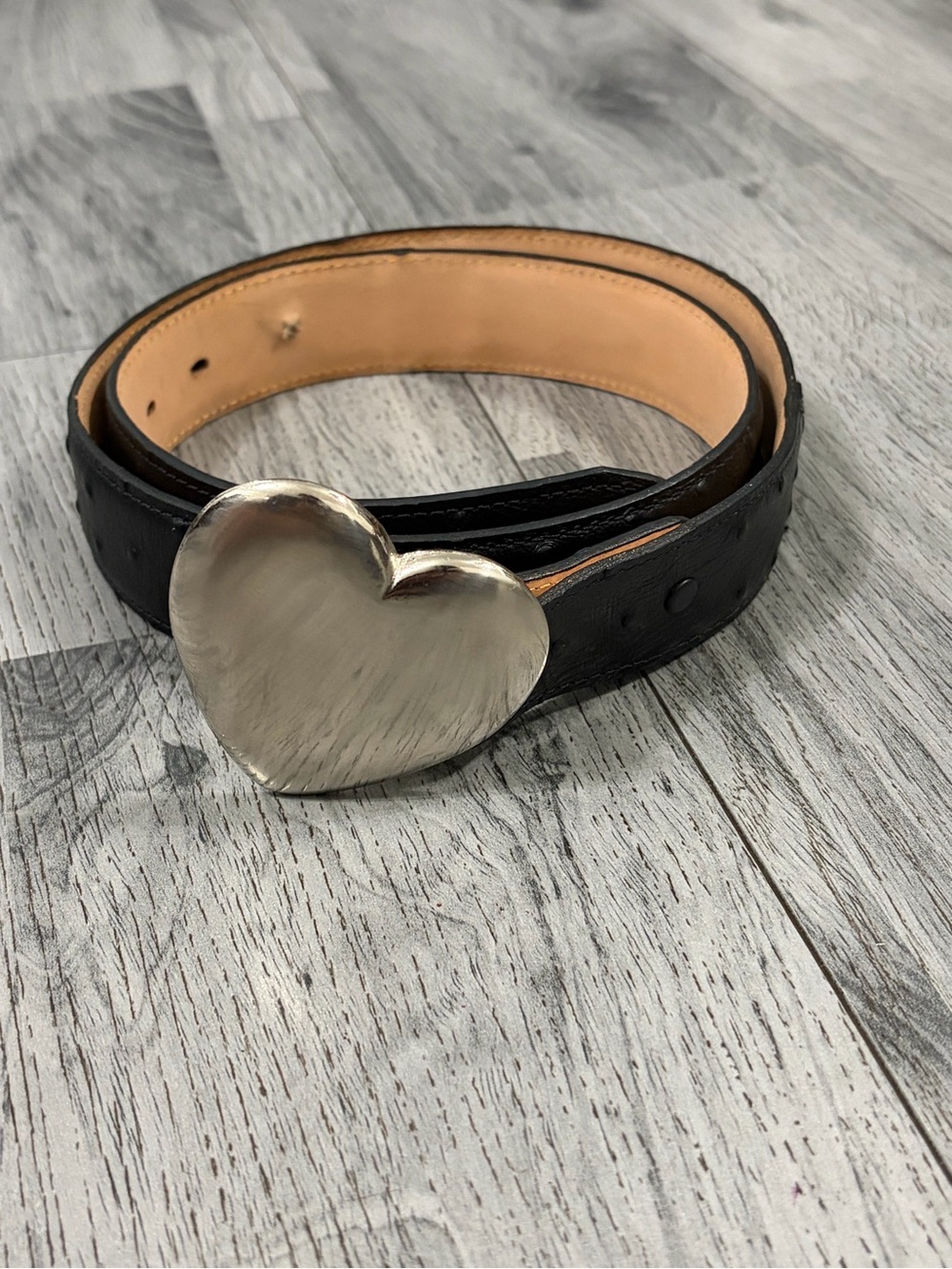 Tony Lama Black Ostrich Leather Belt with Silver Heart Buckle Sz 34